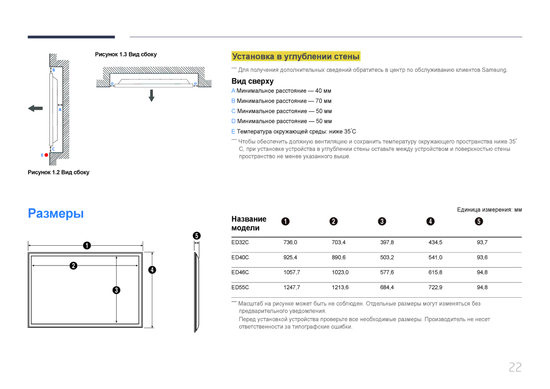 Samsung LH75EDCPLBC/EN, LH32EDCPLBC/EN, LH65EDCPLBC/EN manual Установка в углублении стены, Вид сверху, Название, Модели 