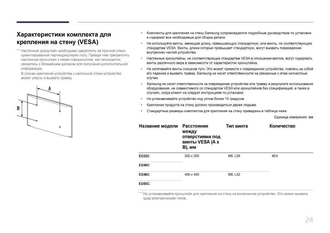 Samsung LH40EDCPLBC/EN, LH32EDCPLBC/EN, LH75EDCPLBC/EN manual Характеристики комплекта для крепления на стену Vesa, ED55C 