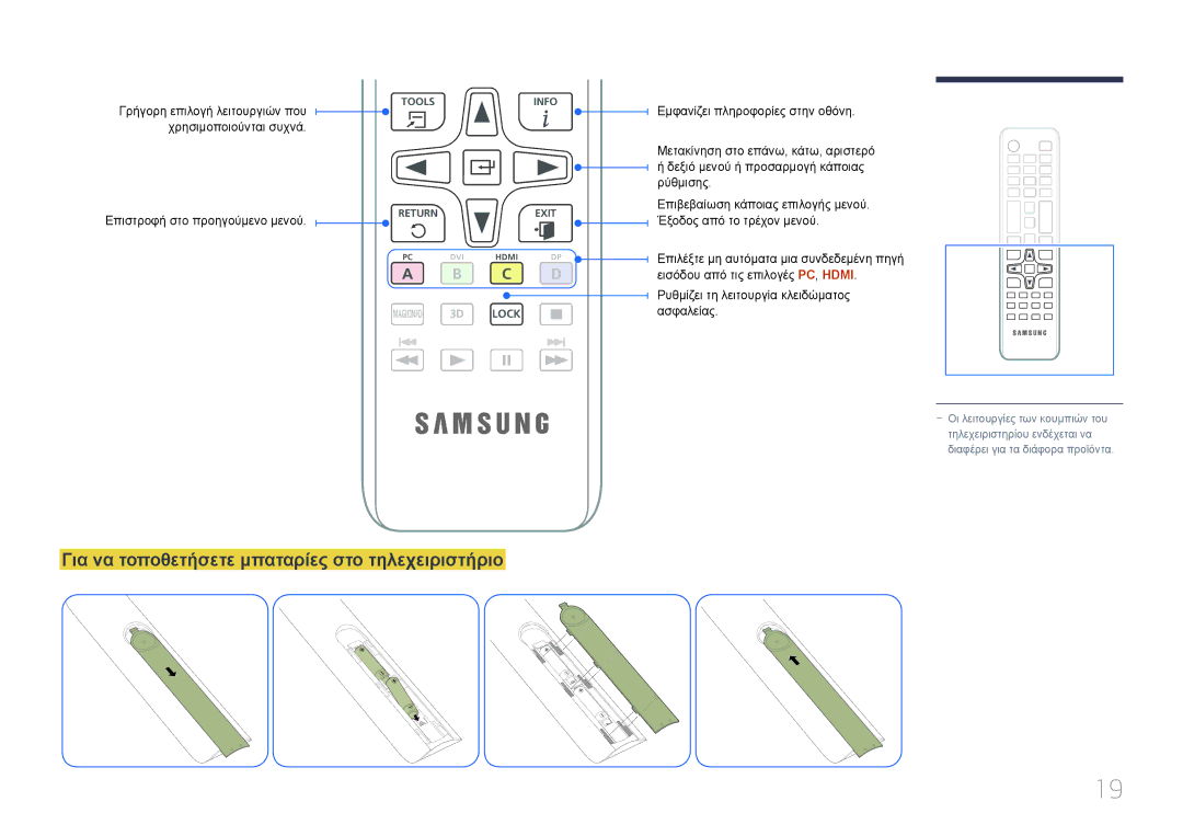 Samsung LH75EDCPLBC/EN, LH32EDCPLBC/EN, LH65EDCPLBC/EN, LH40EDCPLBC/EN Για να τοποθετήσετε μπαταρίες στο τηλεχειριστήριο 