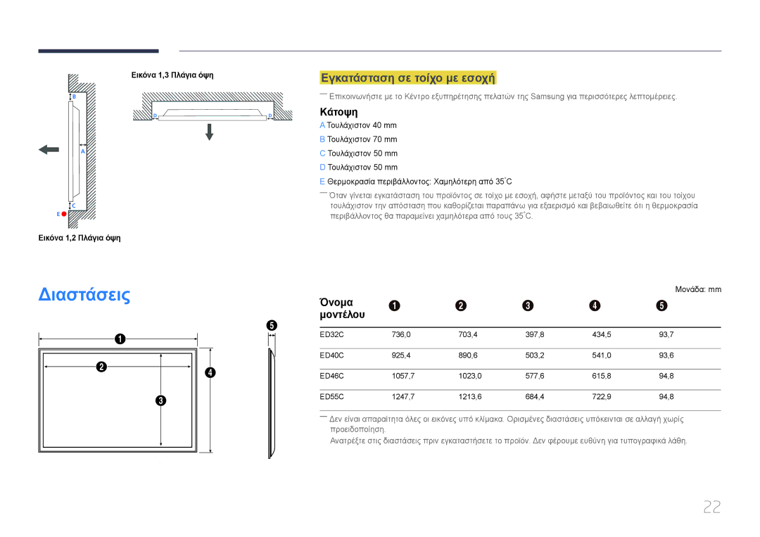 Samsung LH55EDCPLBC/EN, LH32EDCPLBC/EN, LH75EDCPLBC/EN Διαστάσεις, Εγκατάσταση σε τοίχο με εσοχή, Κάτοψη, Όνομα, Μοντέλου 