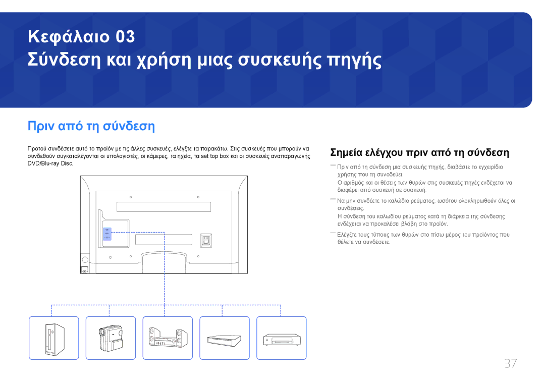 Samsung LH75EDCPLBC/EN Σύνδεση και χρήση μιας συσκευής πηγής, Πριν από τη σύνδεση, Σημεία ελέγχου πριν από τη σύνδεση 