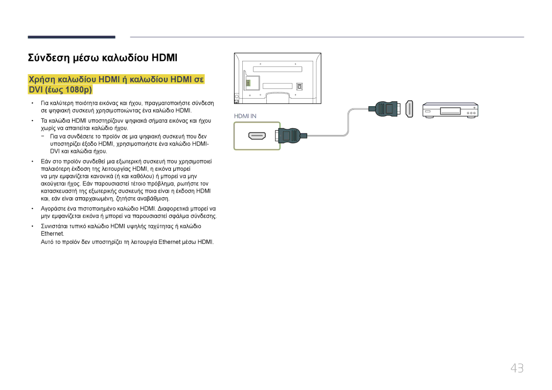 Samsung LH75EDCPLBC/EN, LH32EDCPLBC/EN Σύνδεση μέσω καλωδίου Hdmi, Χρήση καλωδίου Hdmi ή καλωδίου Hdmi σε DVI έως 1080p 