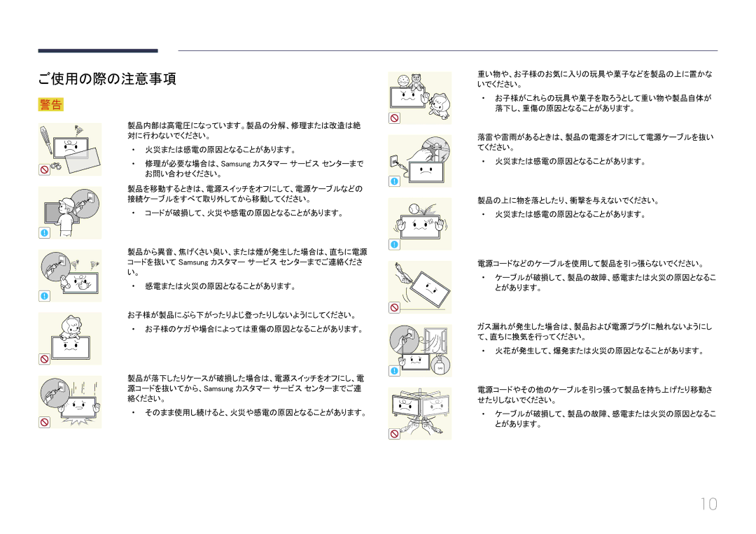 Samsung LH46EDCPLBC/XJ, LH32EDCPLBC/XJ manual ご使用の際の注意事項, コードが破損して、火災や感電の原因となることがあります。, そのまま使用し続けると、火災や感電の原因となることがあります。 