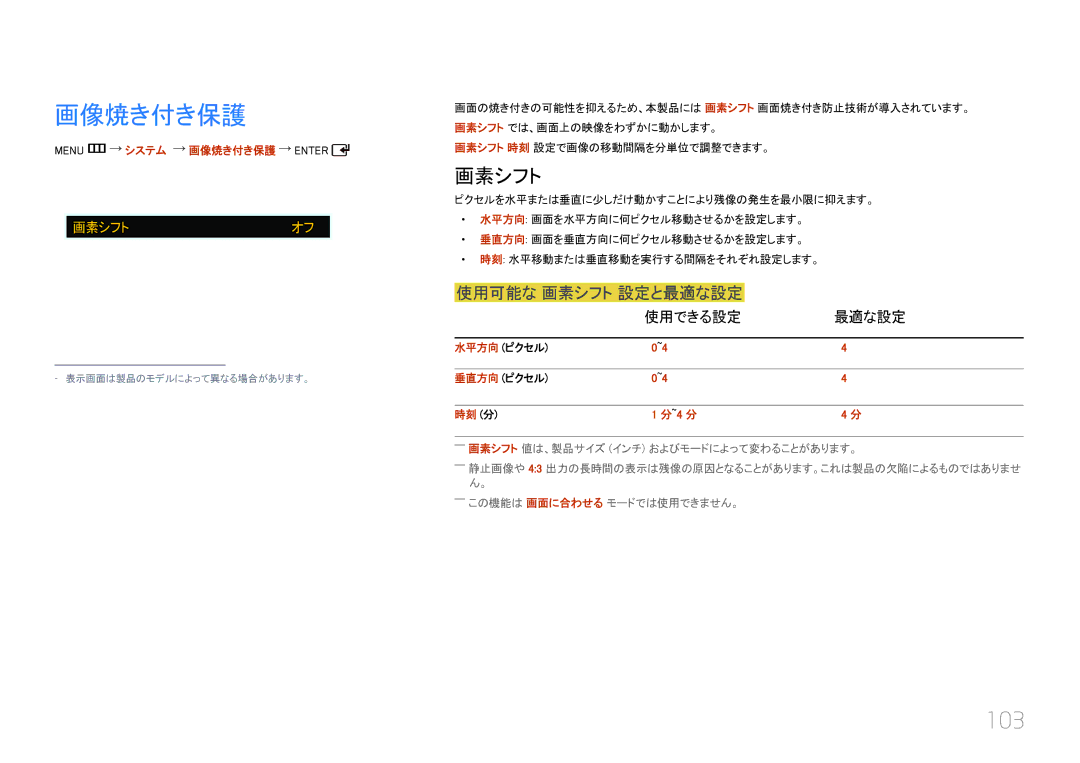 Samsung LH55EDCPLBC/XJ, LH32EDCPLBC/XJ, LH40EDCPLBC/XJ, LH46EDCPLBC/XJ manual 画像焼き付き保護, 103, 使用可能な 画素シフト 設定と最適な設定, 使用できる設定 