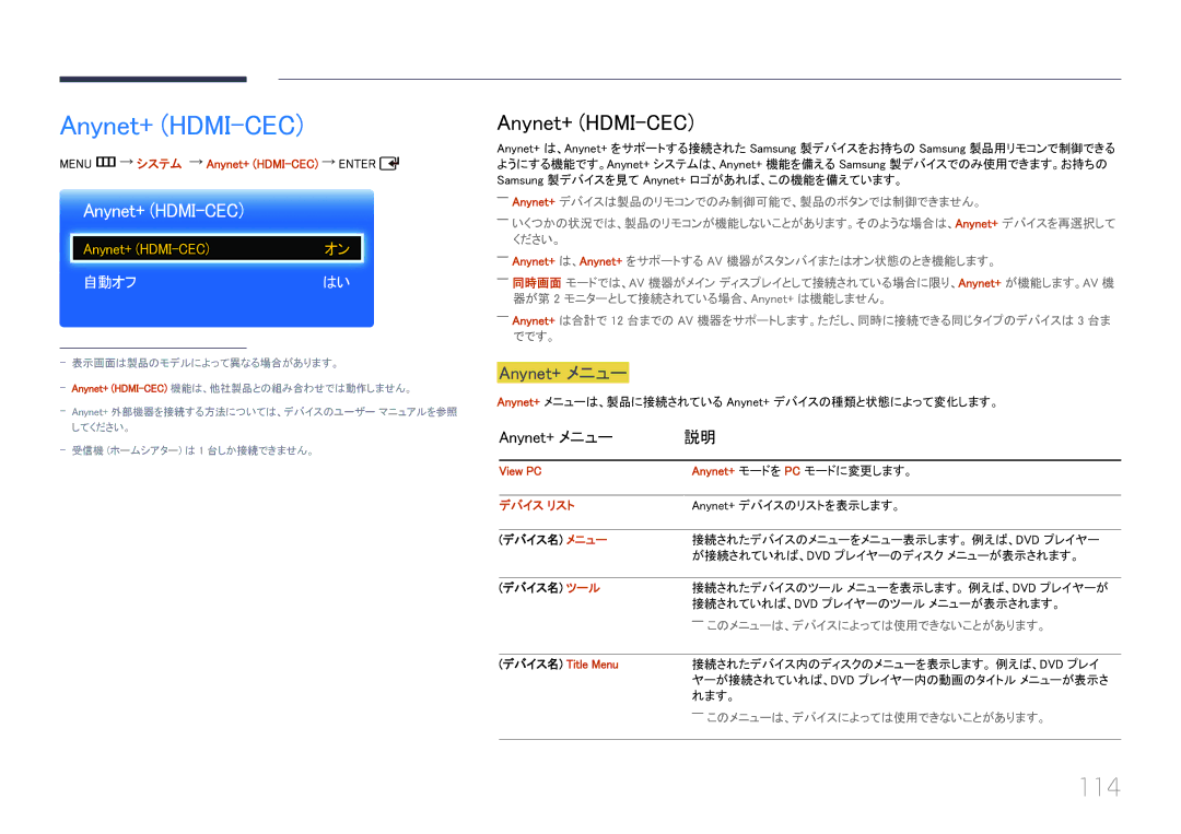 Samsung LH46EDCPLBC/XJ, LH32EDCPLBC/XJ, LH40EDCPLBC/XJ, LH55EDCPLBC/XJ manual Anynet+ HDMI-CEC, 114, Anynet+ メニュー 