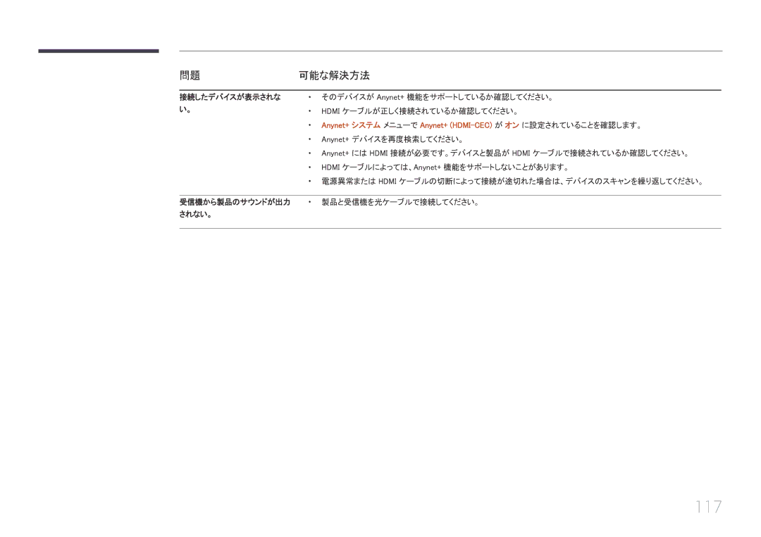 Samsung LH40EDCPLBC/XJ, LH32EDCPLBC/XJ manual 117, 問題可能な解決方法, Anynet+ システム メニューで Anynet+ Hdmi -CEC が オン に設定されていることを確認します。 