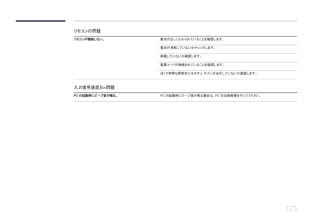 Samsung LH40EDCPLBC/XJ, LH32EDCPLBC/XJ, LH46EDCPLBC/XJ, LH55EDCPLBC/XJ manual 125, リモコンの問題, 入力信号装置おｎ問題, Pc の起動時にビープ音が鳴る。 