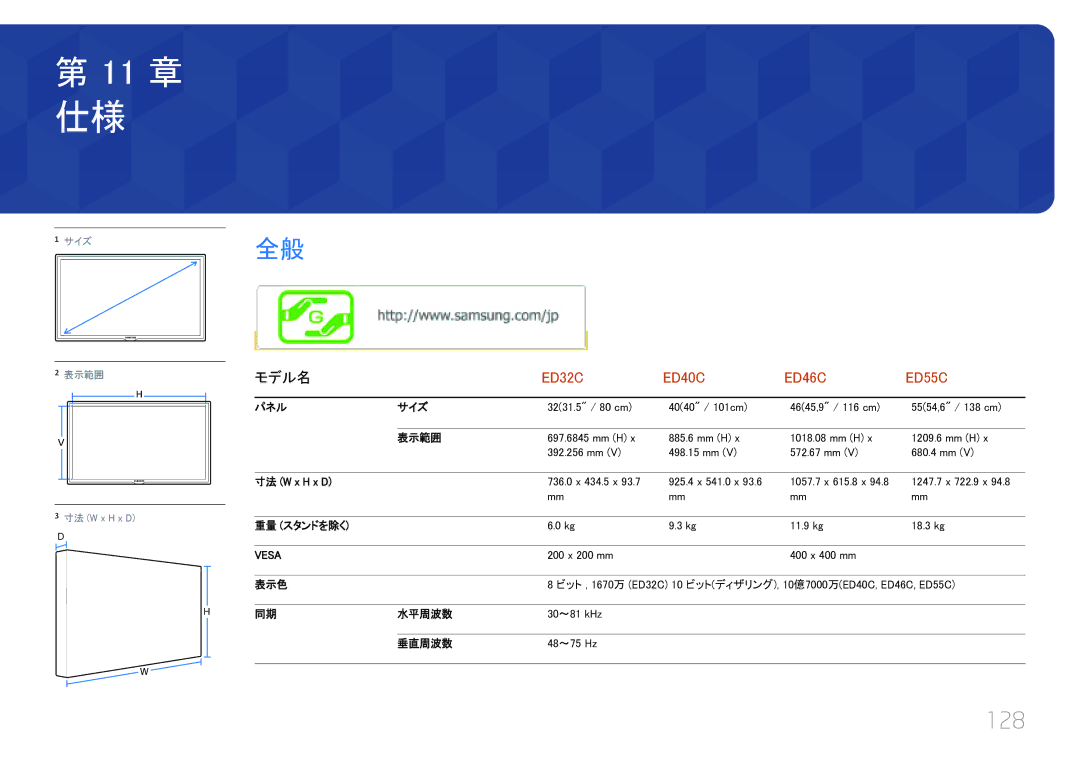 Samsung LH32EDCPLBC/XJ 128, 重量 スタンドを除く 11.9 kg 18.3 kg, 200 x 200 mm 400 x 400 mm 表示色, 水平周波数 30～81 kHz 垂直周波数 48～75 Hz 