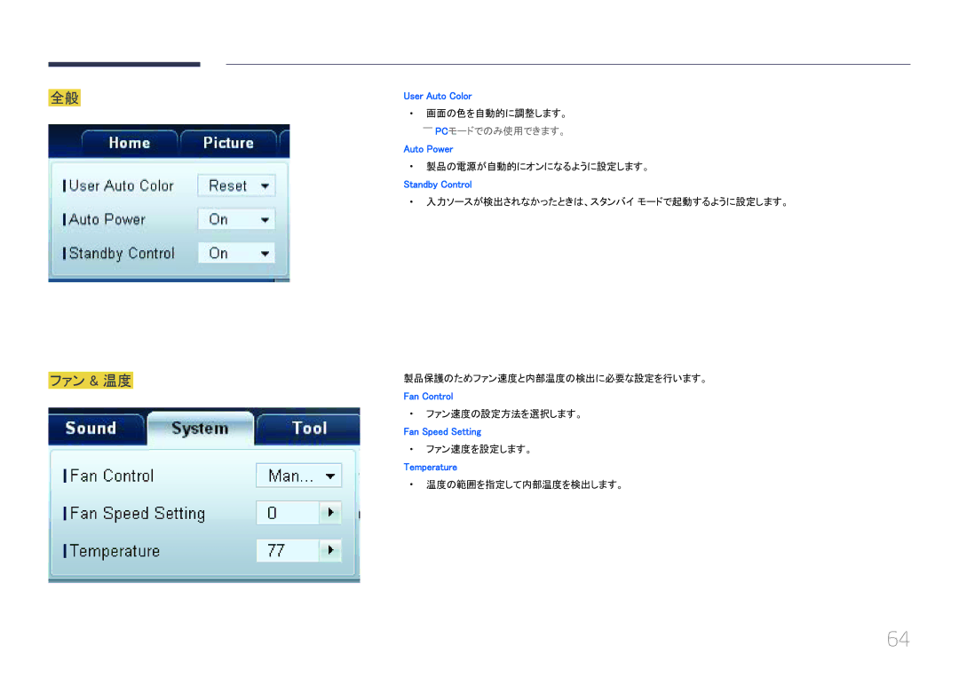 Samsung LH32EDCPLBC/XJ, LH40EDCPLBC/XJ, LH46EDCPLBC/XJ, LH55EDCPLBC/XJ manual ファン & 温度 