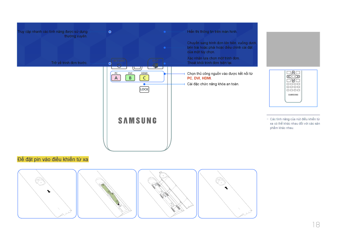 Samsung LH46EDDPLGC/XY, LH32EDDPLGC/XY, LH55EDDPLGC/XY, LH40EDDPLGC/XY manual Để̉ đặ̣t pin và̀o điều khiể̉n từ xa, C D 