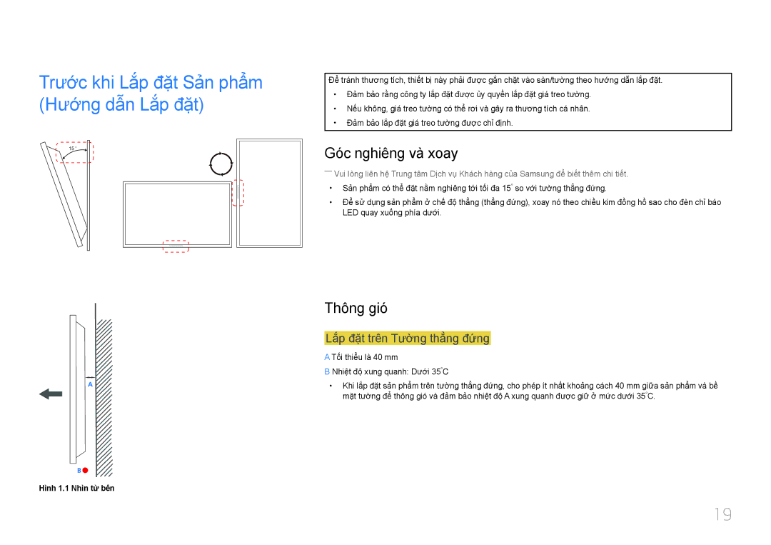 Samsung LH40EDDPLGC/XY manual Trước khi Lắ́p đặ̣t Sả̉n phẩ̉m Hướng dẫn Lắ́p đặ̣t, Gó́c nghiêng và̀ xoay, Thông gió́ 