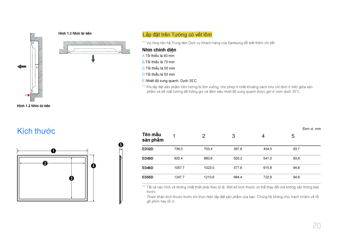 Samsung LH32EDDPLGC/XY manual Kích thươc, Lắ́p đặ̣t trên Tường có́ vế́t lõm, Nhì̀n chí́nh diện, Tên mâu Sản phâm 