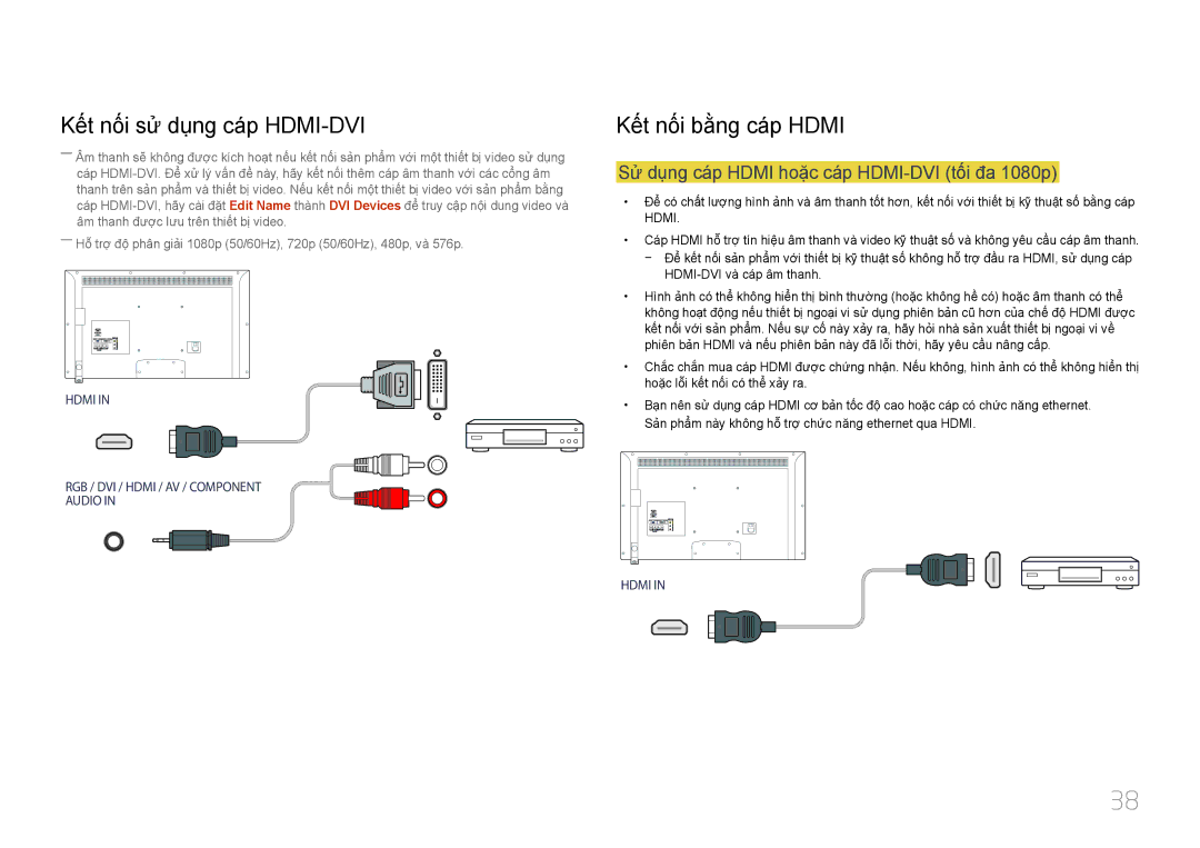 Samsung LH46EDDPLGC/XY manual Kế́t nố́i sử dụng cá́p HDMI-DVI, Sư dung cáp Hdmi hoặc cáp HDMI-DVI tối đa 1080p 