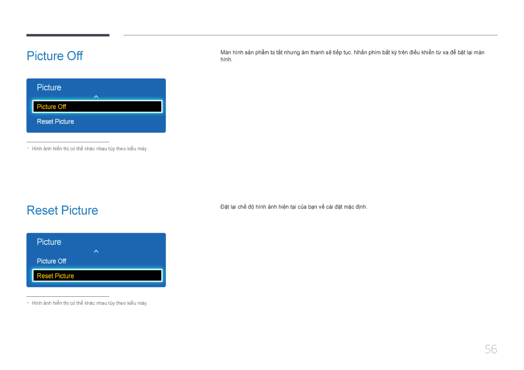 Samsung LH32EDDPLGC/XY, LH55EDDPLGC/XY, LH46EDDPLGC/XY, LH40EDDPLGC/XY manual Picture Off, Reset Picture 