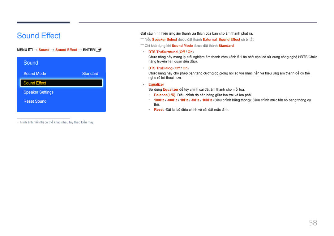 Samsung LH46EDDPLGC/XY, LH32EDDPLGC/XY, LH55EDDPLGC/XY manual Sound Effect, Sound Mode, Speaker Settings Reset Sound 