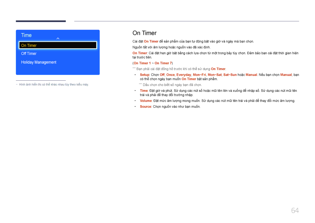 Samsung LH32EDDPLGC/XY, LH55EDDPLGC/XY, LH46EDDPLGC/XY manual Off Timer Holiday Management, On Timer 1 ~ On Timer 