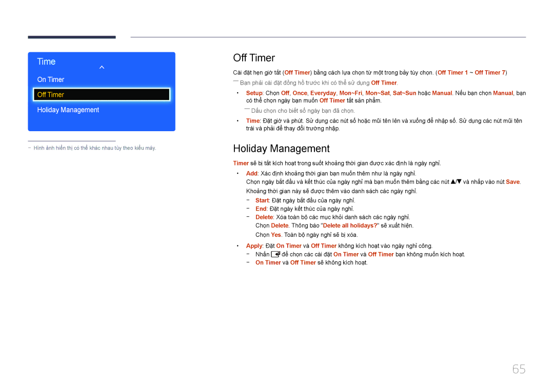 Samsung LH55EDDPLGC/XY, LH32EDDPLGC/XY, LH46EDDPLGC/XY, LH40EDDPLGC/XY manual Off Timer, Holiday Management, On Timer 