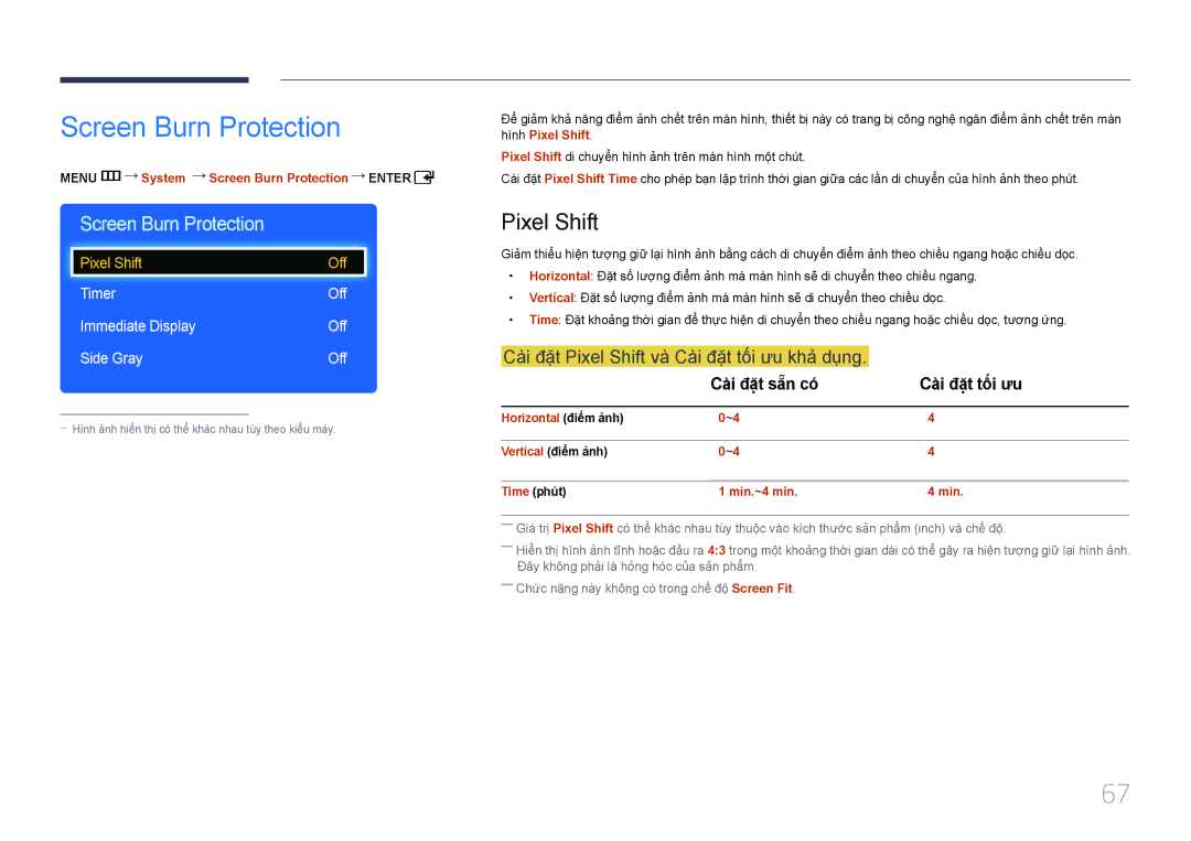 Samsung LH40EDDPLGC/XY, LH32EDDPLGC/XY Screen Burn Protection, Cài đặt Pixel Shift và Cài đặt tối ưu khả dung 