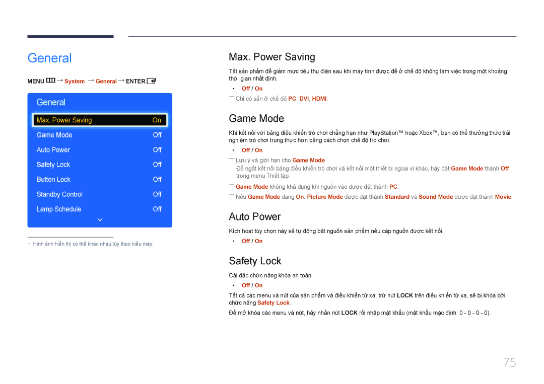 Samsung LH40EDDPLGC/XY, LH32EDDPLGC/XY, LH55EDDPLGC/XY manual General, Max. Power Saving, Game Mode, Auto Power, Safety Lock 