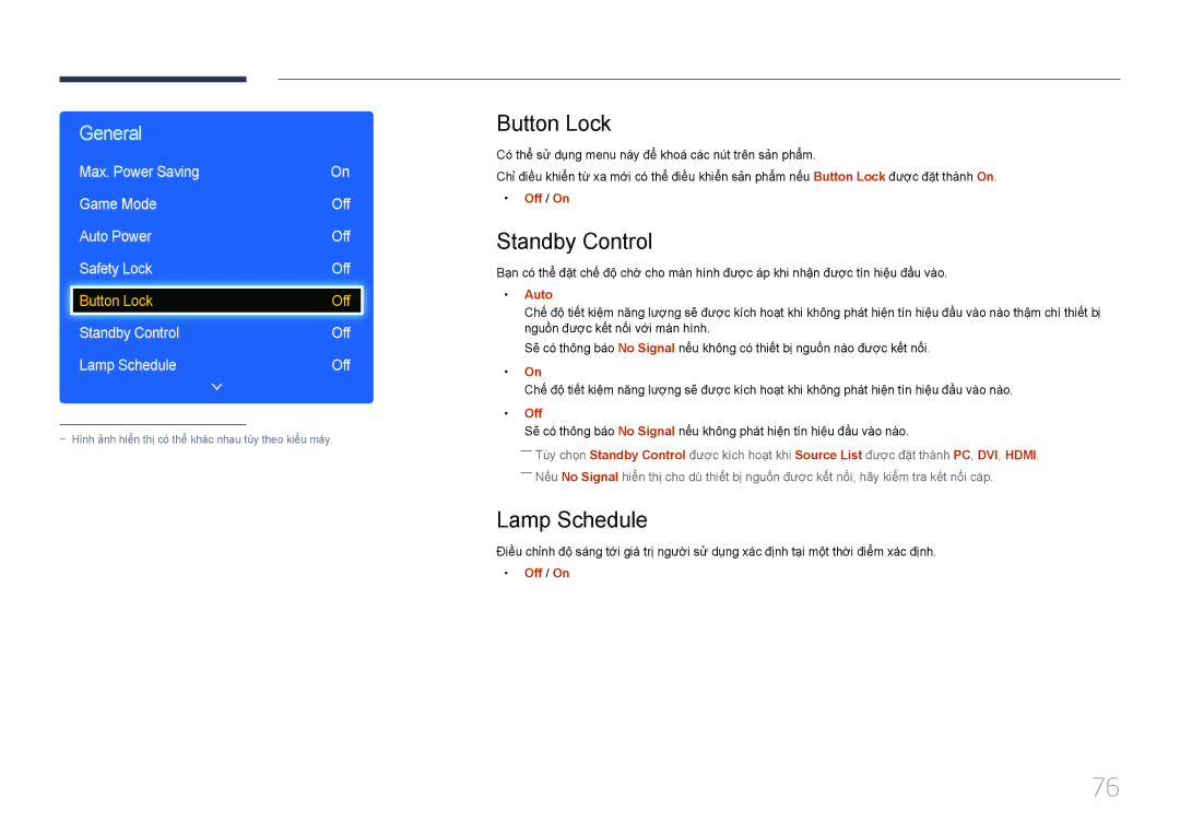 Samsung LH32EDDPLGC/XY, LH55EDDPLGC/XY manual Button Lock, Standby Control, Lamp Schedule, Max. Power Saving Game Mode, Auto 