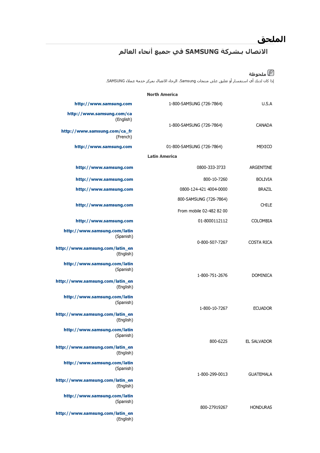 Samsung LH32HBSLBC/XY, LH32HBPLBC/EN, LH32HBPLBC/XY, LH32HBPLBC/NG manual ﻖﺤﻠﻤﻟا, ﻢﻟﺎﻌﻟا ءﺎﺤﻧأ ﻊﻴﻤﺟ ﻲﻓ Samsung ﺔآﺮﺸـﺑ لﺎﺼﺗﻻا 