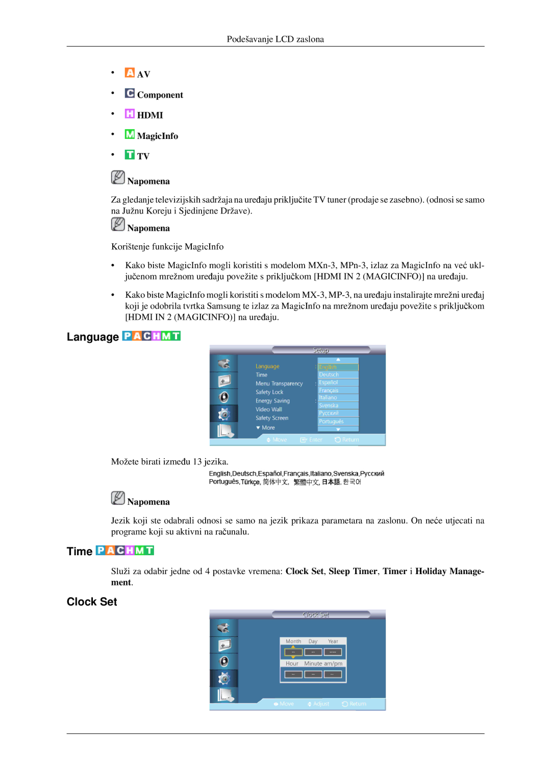 Samsung LH32HBSLBC/EN, LH32HBPLBC/EN manual Language, Time, Clock Set 