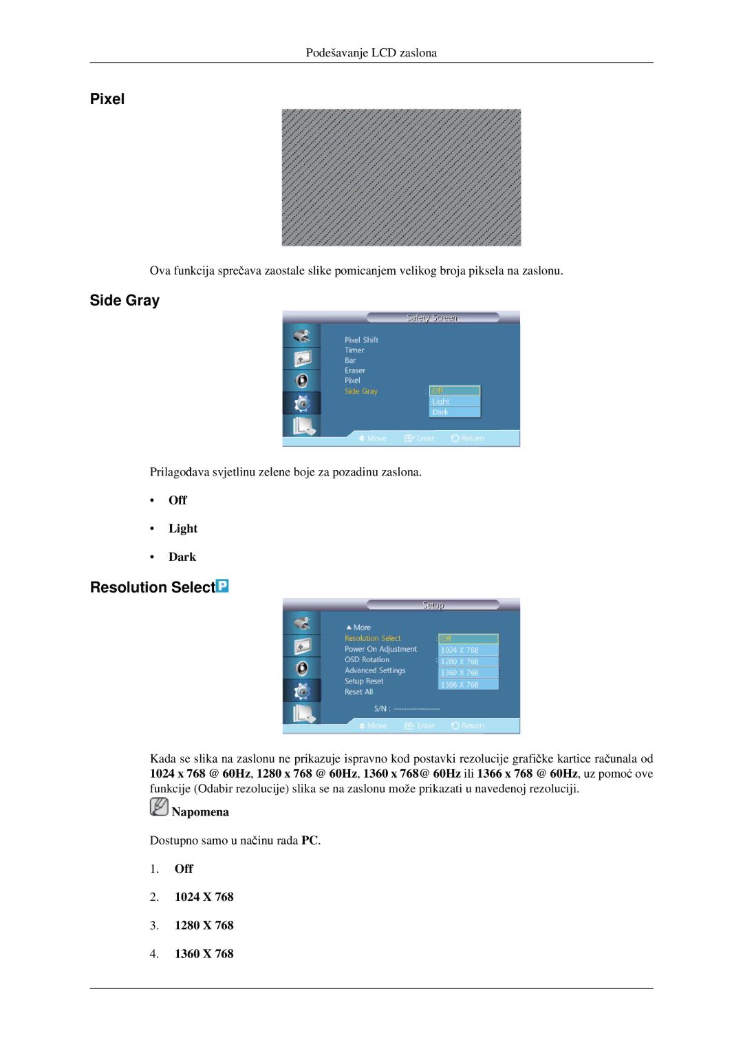 Samsung LH32HBPLBC/EN, LH32HBSLBC/EN manual Pixel, Side Gray, Resolution Select, Off Light Dark, Off 1024 X 1280 X 1360 X 