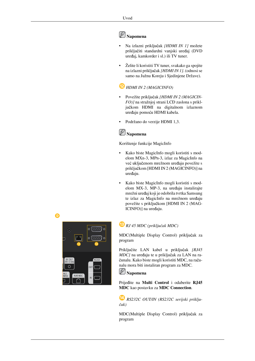 Samsung LH32HBPLBC/EN, LH32HBSLBC/EN manual RJ 45 MDC priključak MDC, RS232C OUT/IN RS232C serijski priklju- čak 