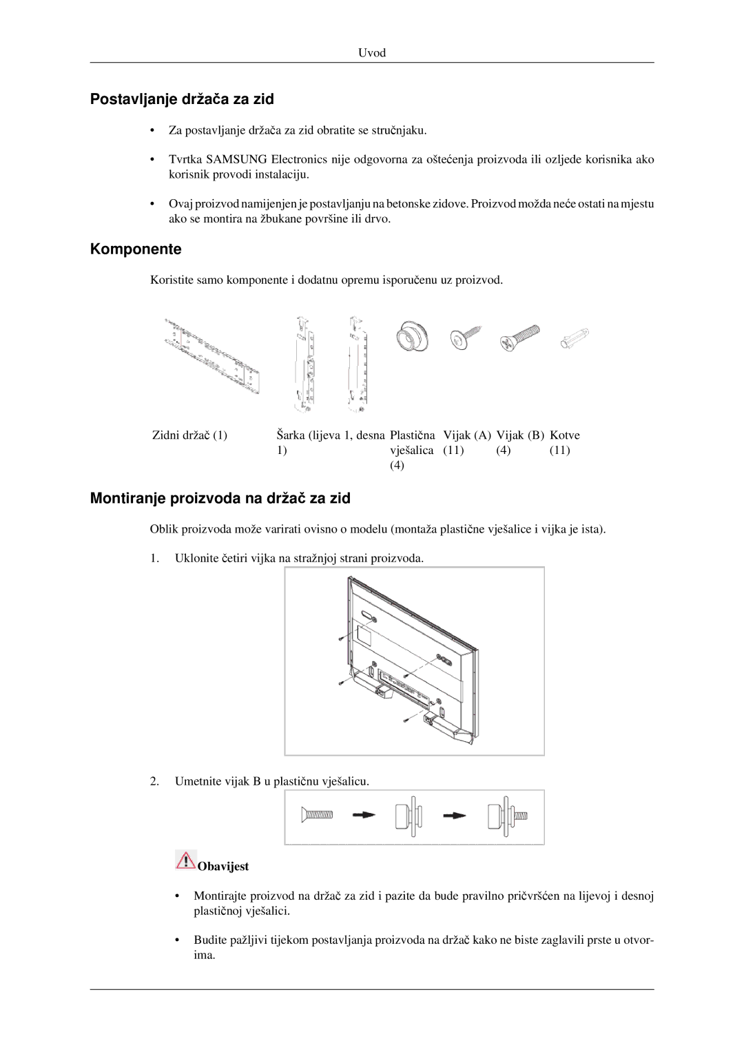 Samsung LH32HBSLBC/EN, LH32HBPLBC/EN manual Postavljanje držača za zid, Komponente, Montiranje proizvoda na držač za zid 