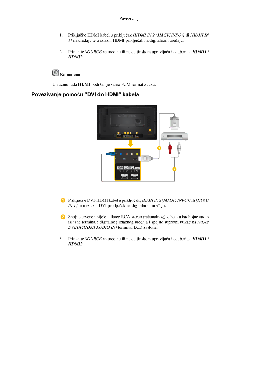 Samsung LH32HBSLBC/EN, LH32HBPLBC/EN manual Povezivanje pomoću DVI do Hdmi kabela 