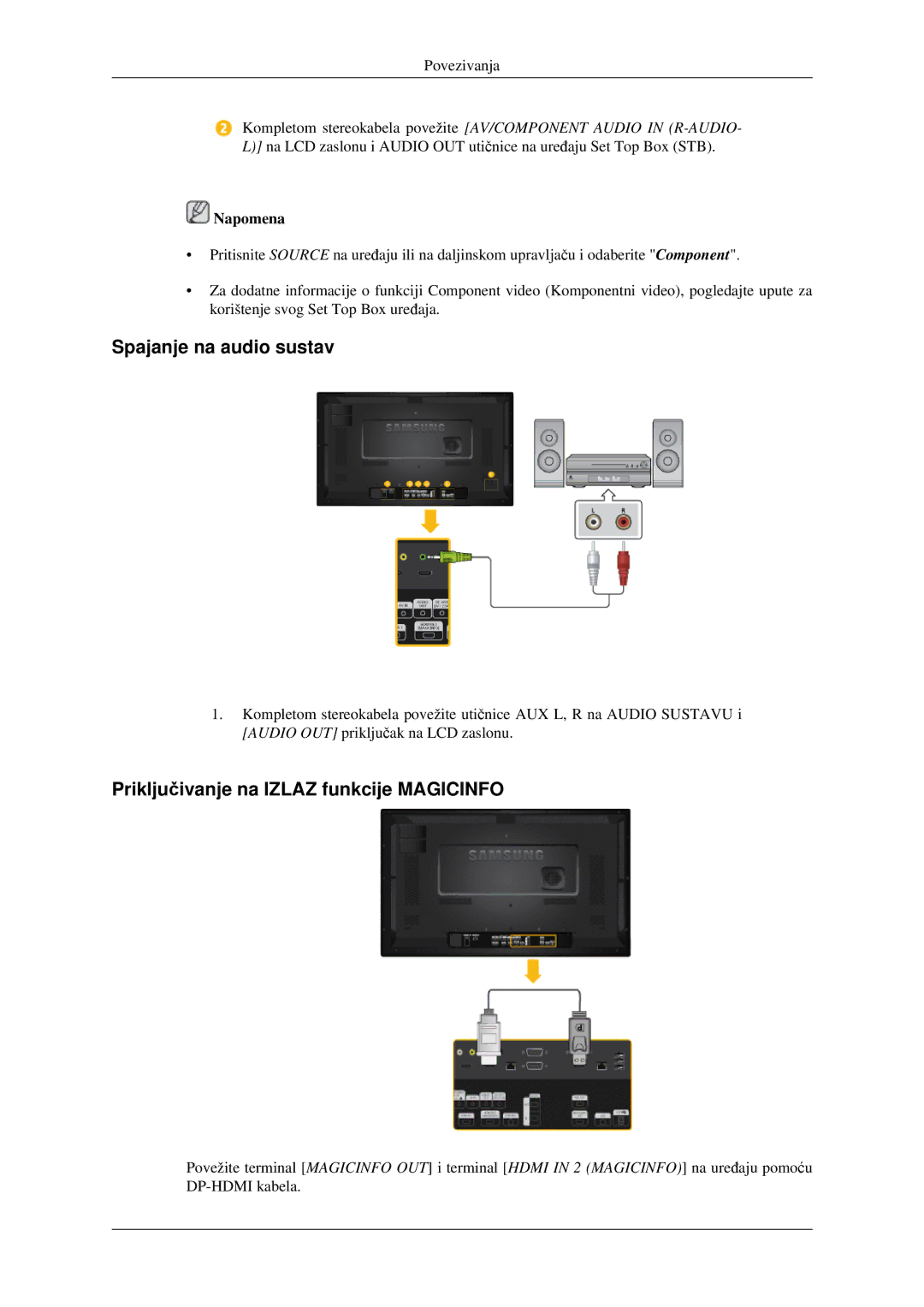 Samsung LH32HBSLBC/EN, LH32HBPLBC/EN manual Spajanje na audio sustav, Priključivanje na Izlaz funkcije Magicinfo 