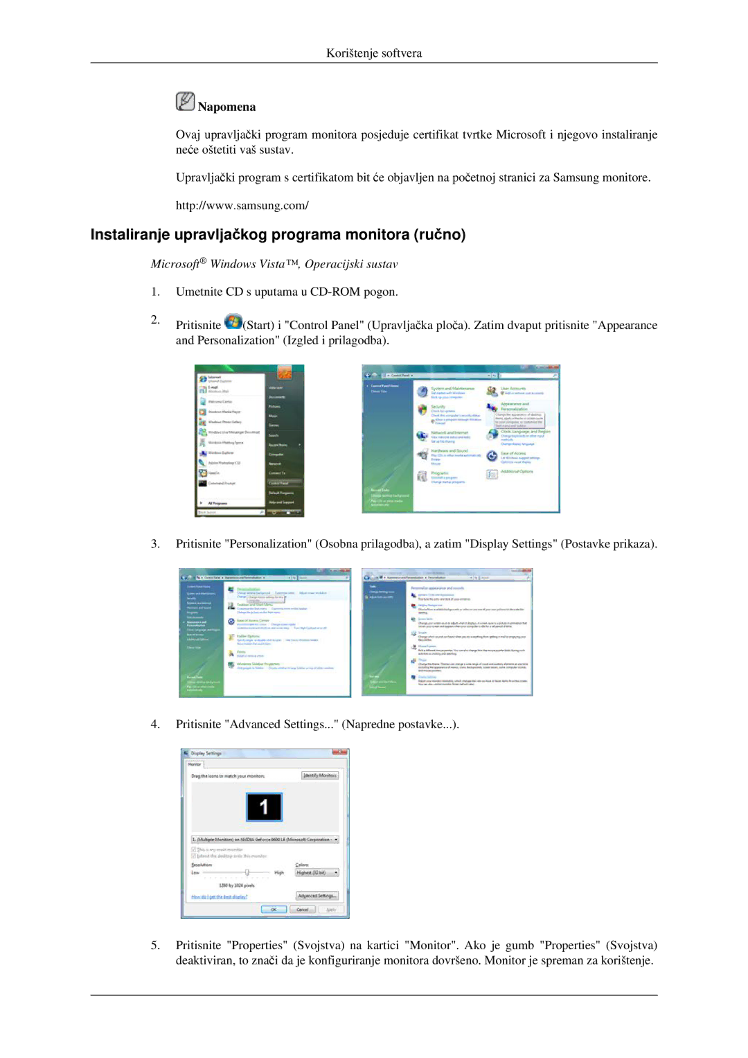 Samsung LH32HBPLBC/EN manual Instaliranje upravljačkog programa monitora ručno, Microsoft Windows Vista‚ Operacijski sustav 