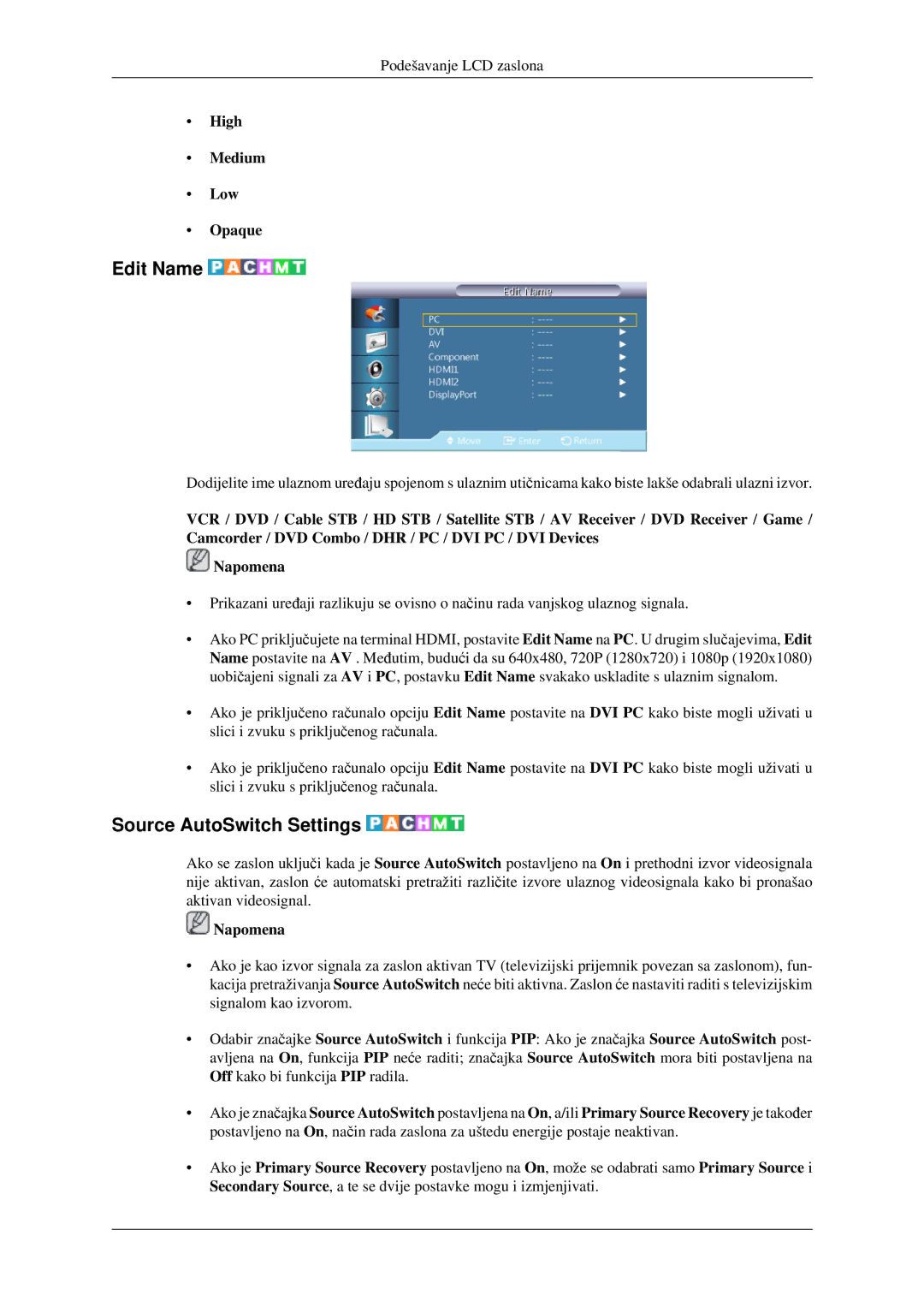 Samsung LH32HBSLBC/EN, LH32HBPLBC/EN manual Edit Name, Source AutoSwitch Settings, High Medium Low Opaque 