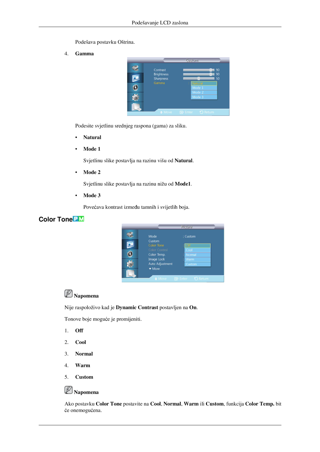 Samsung LH32HBSLBC/EN, LH32HBPLBC/EN manual Color Tone, Gamma, Natural Mode, Off Cool Normal Warm Custom Napomena 