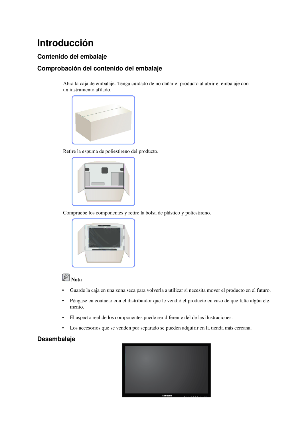 Samsung LH32HBSLBC/EN, LH32HBTLBC/EN, LH32HBPLBC/EN, LH32HBPMBC/EN manual Introducción, Desembalaje 