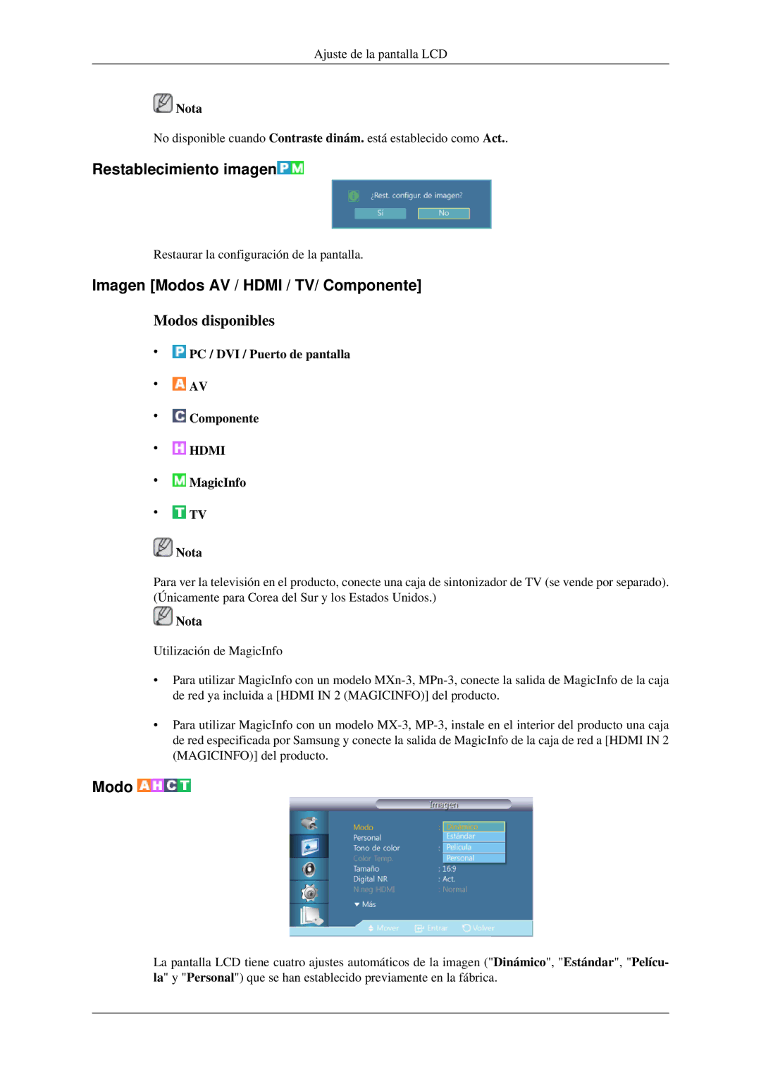 Samsung LH32HBTLBC/EN, LH32HBPLBC/EN, LH32HBSLBC/EN manual Restablecimiento imagen, Imagen Modos AV / Hdmi / TV/ Componente 