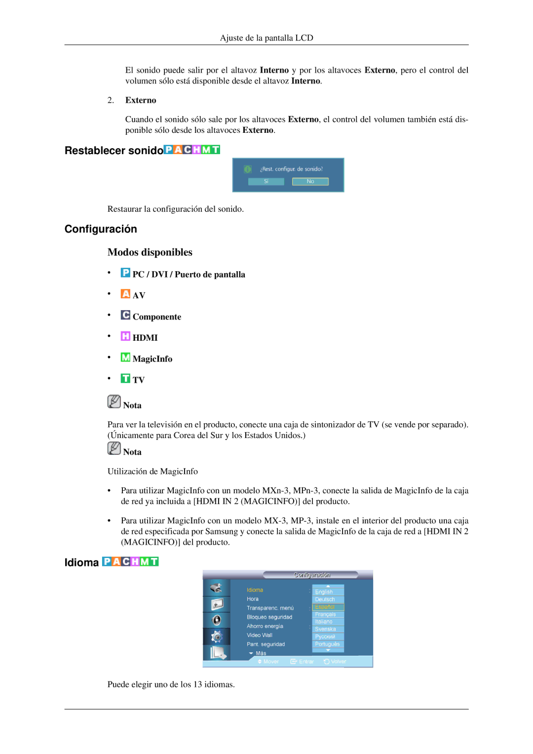 Samsung LH32HBPLBC/EN, LH32HBTLBC/EN, LH32HBSLBC/EN, LH32HBPMBC/EN manual Restablecer sonido, Configuración, Idioma, Externo 