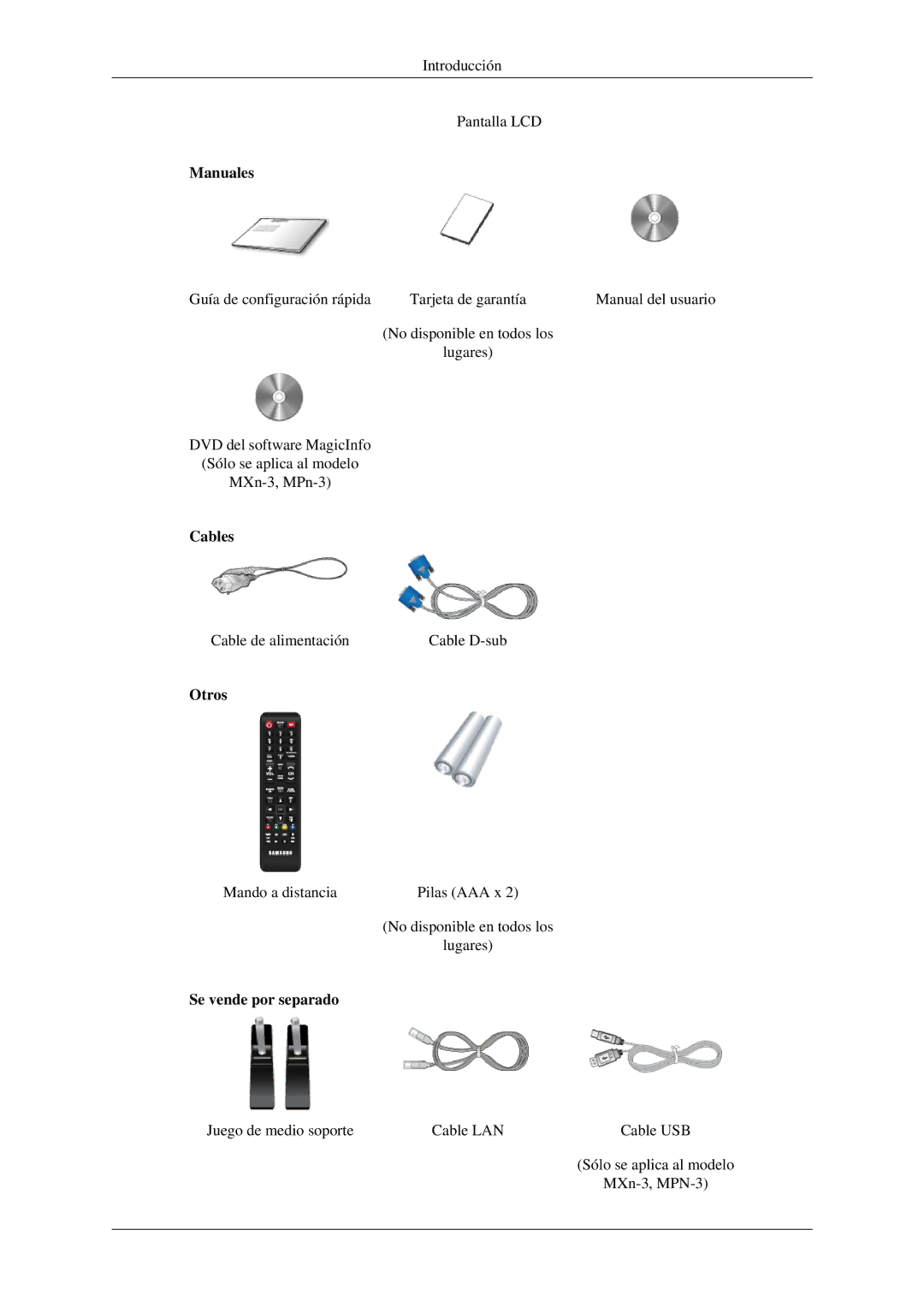 Samsung LH32HBPMBC/EN, LH32HBTLBC/EN, LH32HBPLBC/EN, LH32HBSLBC/EN manual Manuales, Cables, Otros, Se vende por separado 