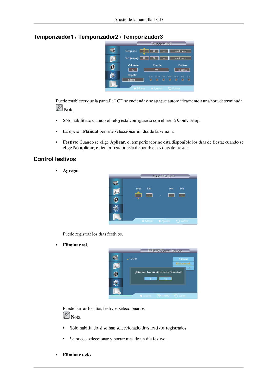 Samsung LH32HBPMBC/EN manual Temporizador1 / Temporizador2 / Temporizador3, Control festivos, Agregar, Eliminar sel 