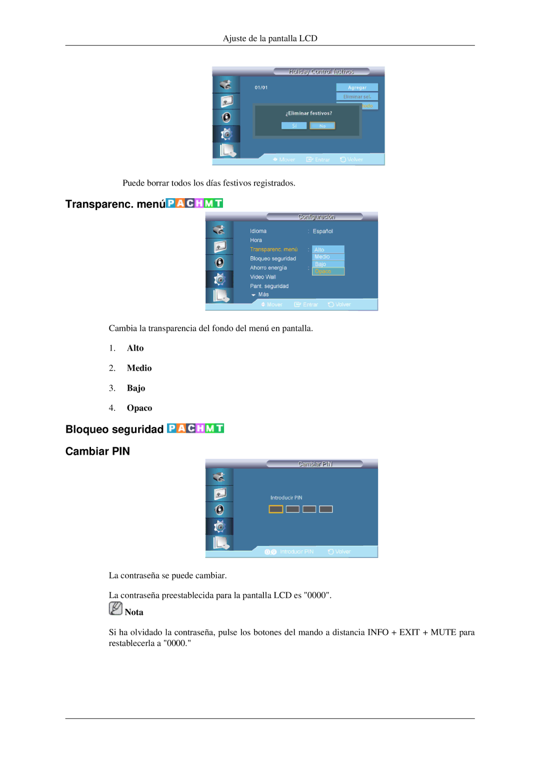 Samsung LH32HBTLBC/EN, LH32HBPLBC/EN, LH32HBSLBC/EN, LH32HBPMBC/EN manual Transparenc. menú, Bloqueo seguridad Cambiar PIN 