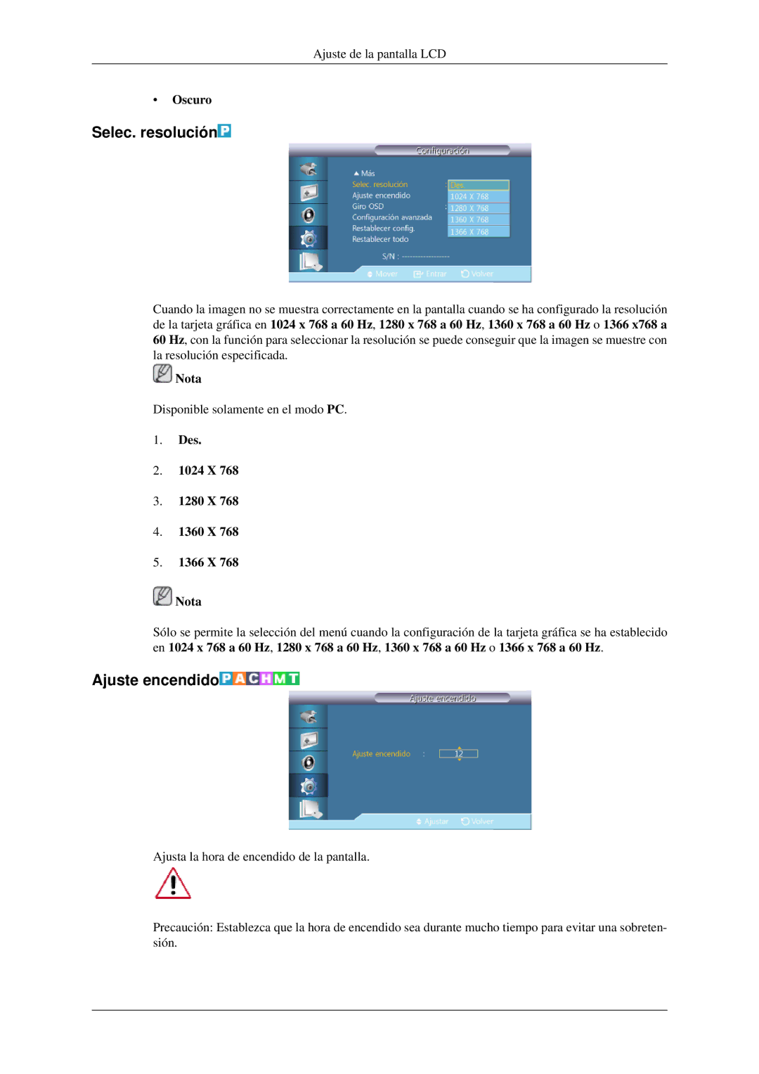 Samsung LH32HBPMBC/EN, LH32HBTLBC/EN Selec. resolución, Ajuste encendido, Oscuro, Des 1024 X 1280 X 1360 X 1366 X Nota 