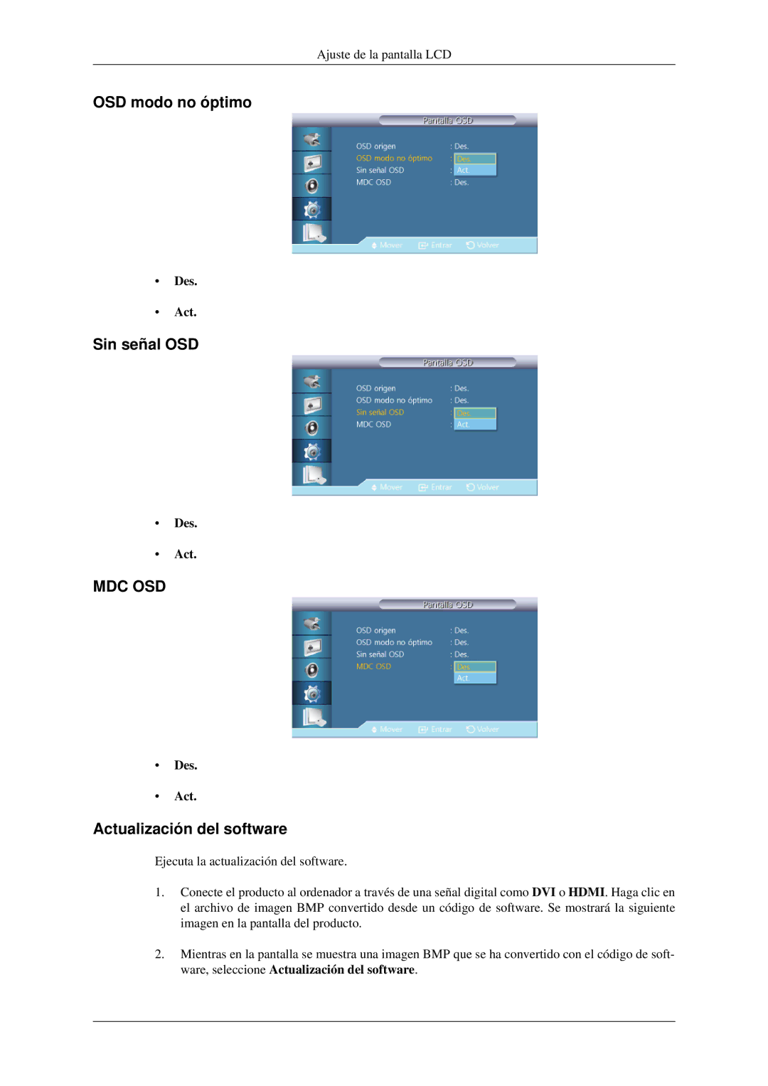 Samsung LH32HBTLBC/EN, LH32HBPLBC/EN, LH32HBSLBC/EN manual OSD modo no óptimo, Sin señal OSD, Actualización del software 