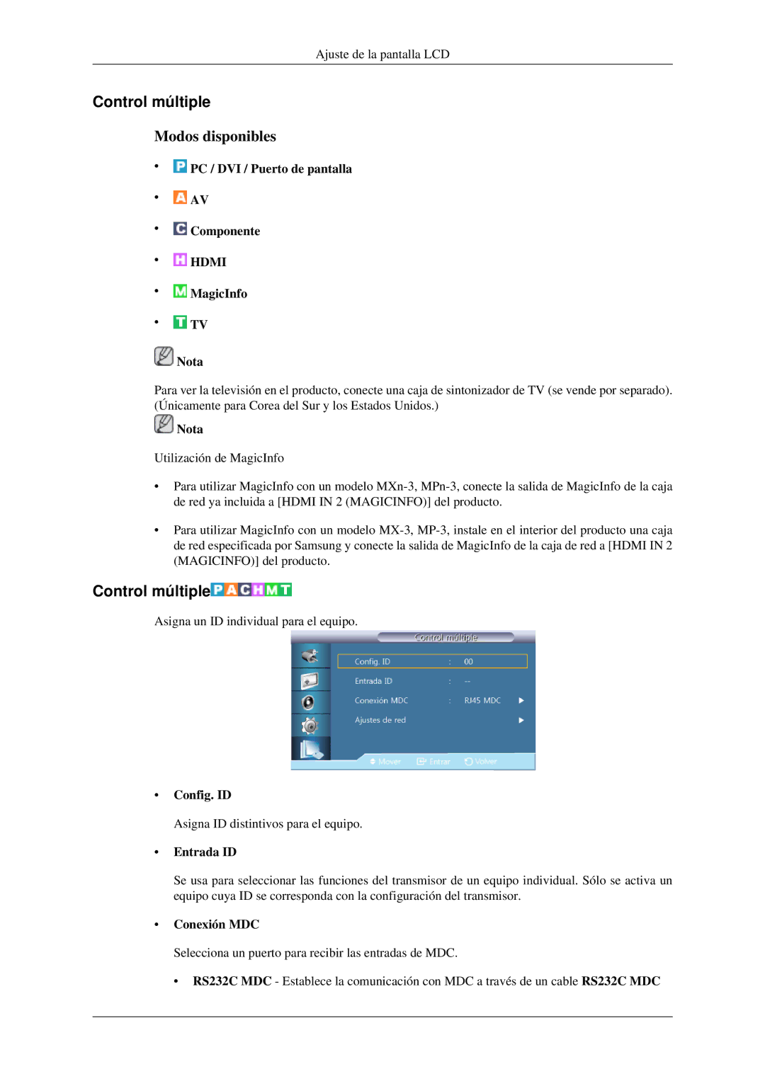 Samsung LH32HBSLBC/EN, LH32HBTLBC/EN, LH32HBPLBC/EN, LH32HBPMBC/EN Control múltiple, Config. ID, Entrada ID, Conexión MDC 