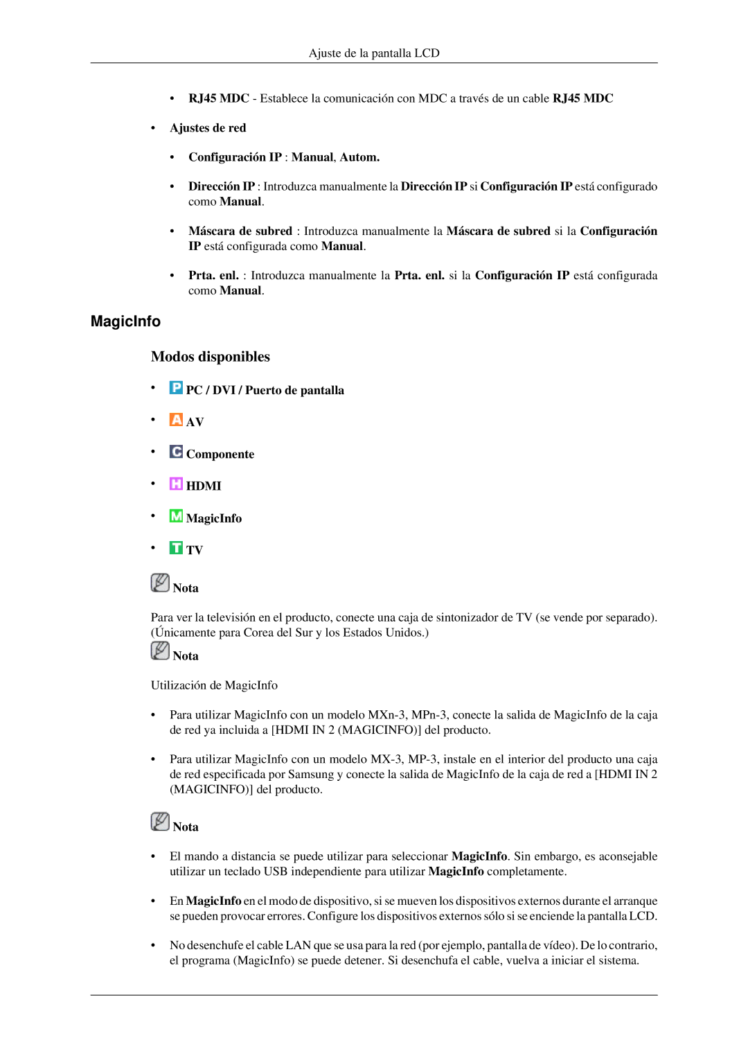 Samsung LH32HBPMBC/EN, LH32HBTLBC/EN, LH32HBPLBC/EN, LH32HBSLBC/EN MagicInfo, Ajustes de red Configuración IP Manual, Autom 