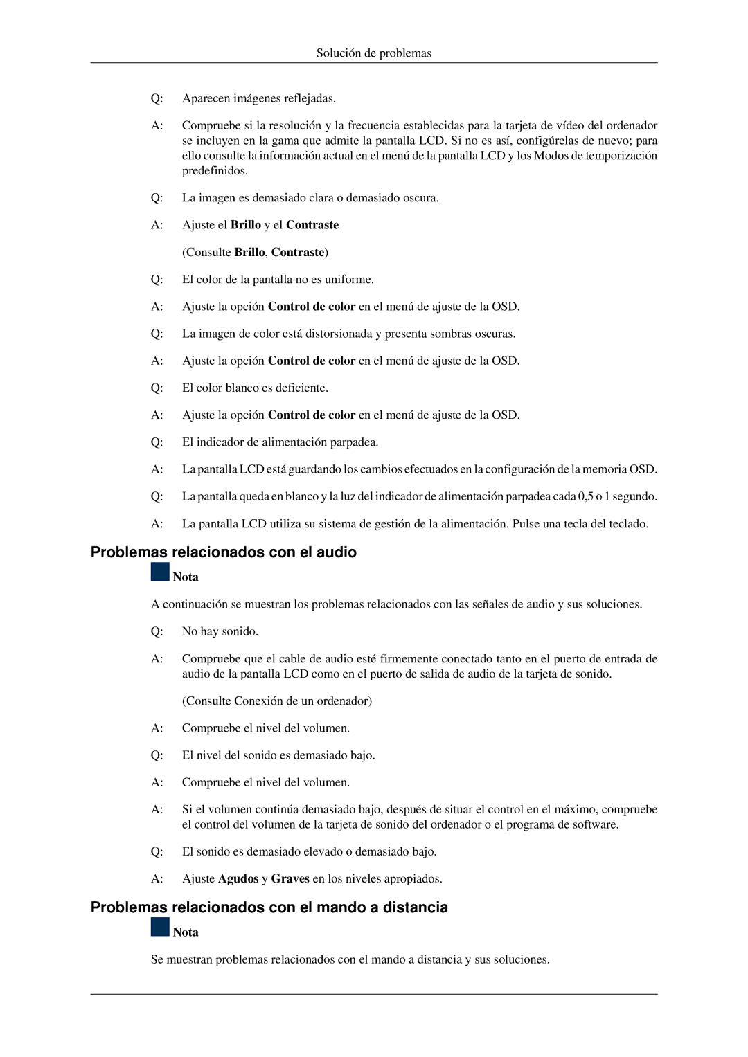 Samsung LH32HBSLBC/EN, LH32HBTLBC/EN Problemas relacionados con el audio, Problemas relacionados con el mando a distancia 