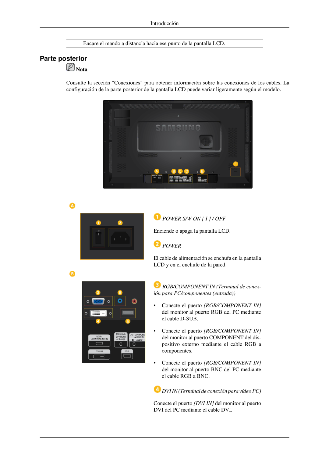 Samsung LH32HBSLBC/EN, LH32HBTLBC/EN, LH32HBPLBC/EN, LH32HBPMBC/EN manual Parte posterior, Power S/W on I / OFF 