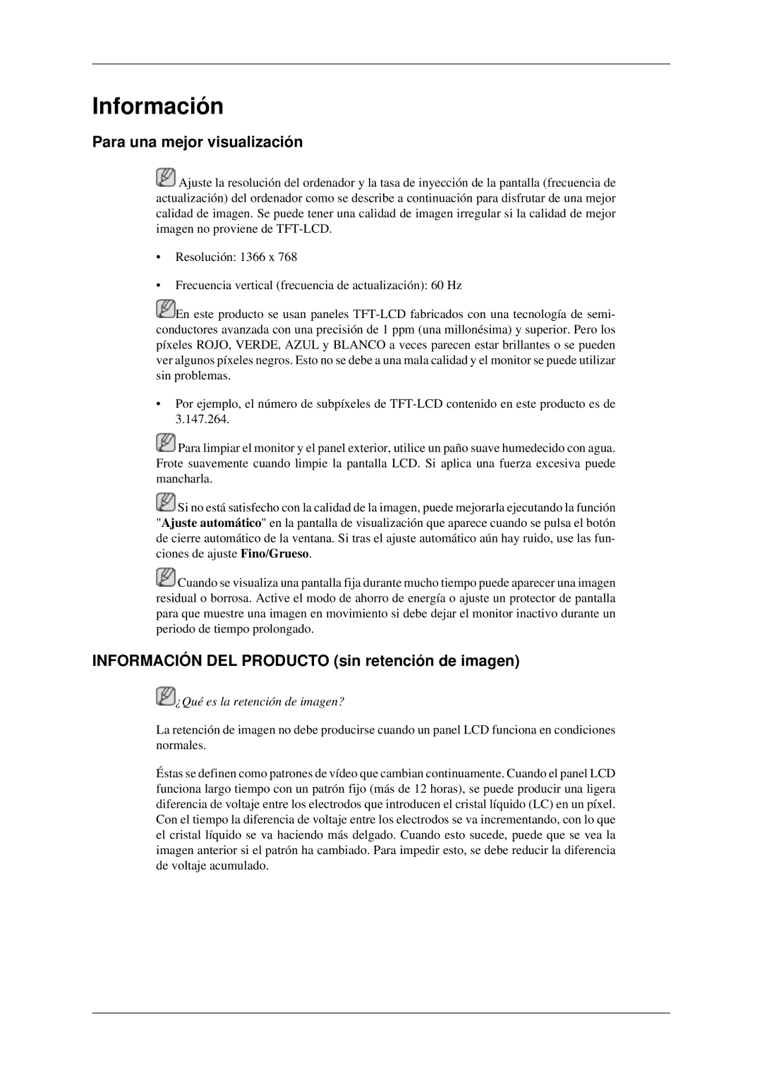 Samsung LH32HBPLBC/EN, LH32HBTLBC/EN manual Para una mejor visualización, Información DEL Producto sin retención de imagen 