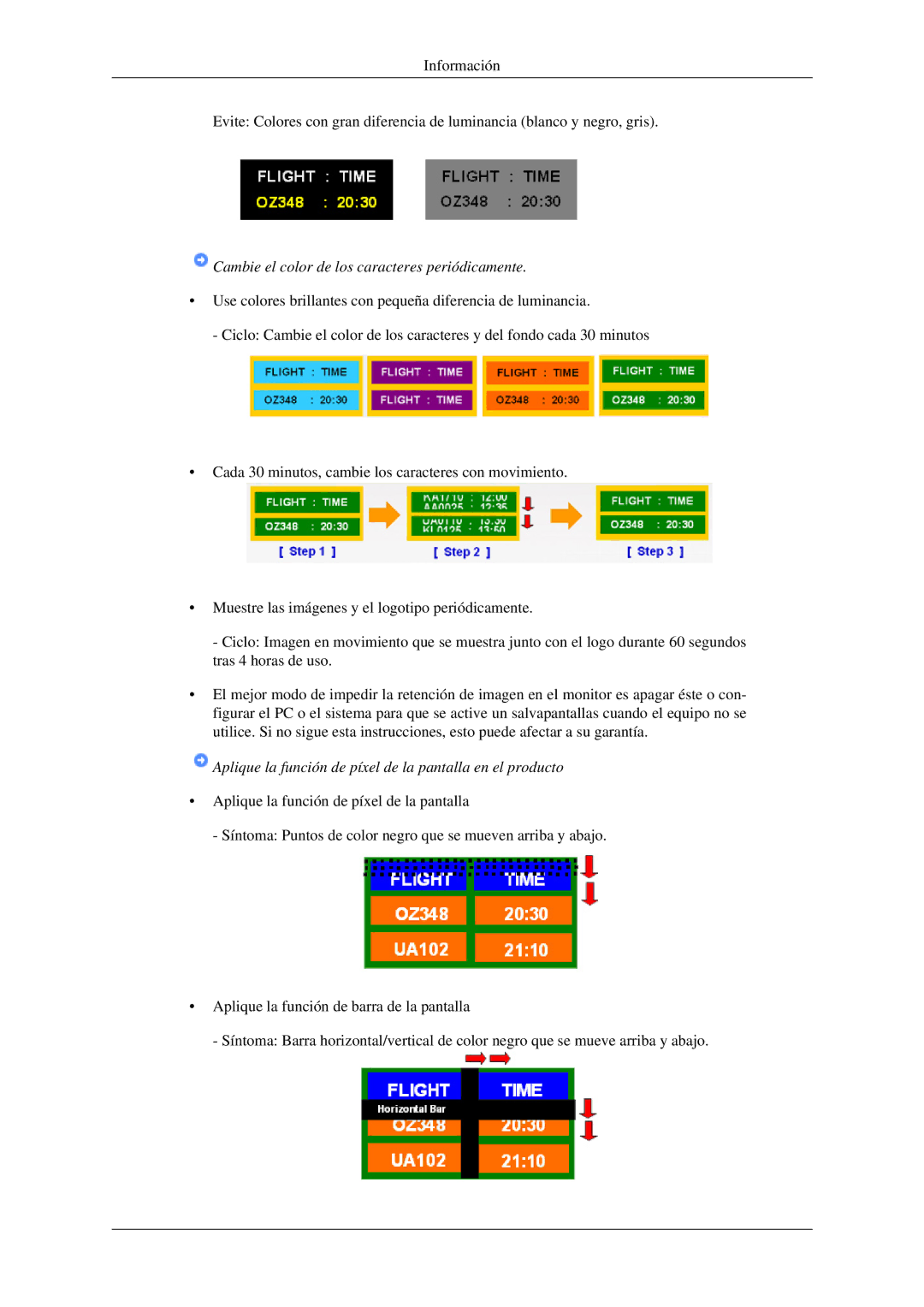 Samsung LH32HBPMBC/EN, LH32HBTLBC/EN, LH32HBPLBC/EN, LH32HBSLBC/EN manual Cambie el color de los caracteres periódicamente 