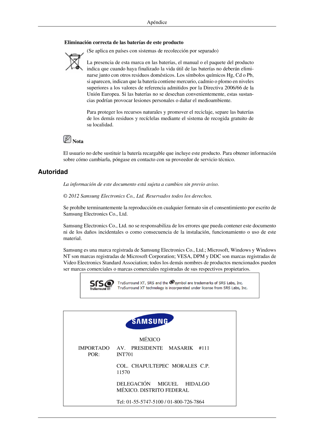 Samsung LH32HBTLBC/EN, LH32HBPLBC/EN, LH32HBSLBC/EN manual Autoridad, Eliminación correcta de las baterías de este producto 