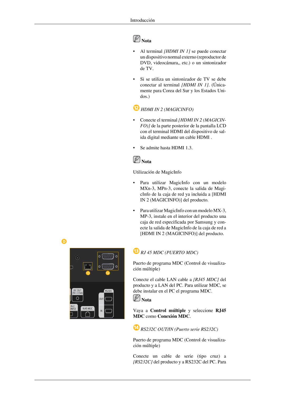 Samsung LH32HBTLBC/EN, LH32HBPLBC/EN, LH32HBSLBC/EN, LH32HBPMBC/EN Hdmi in 2 Magicinfo, RS232C OUT/IN Puerto serie RS232C 